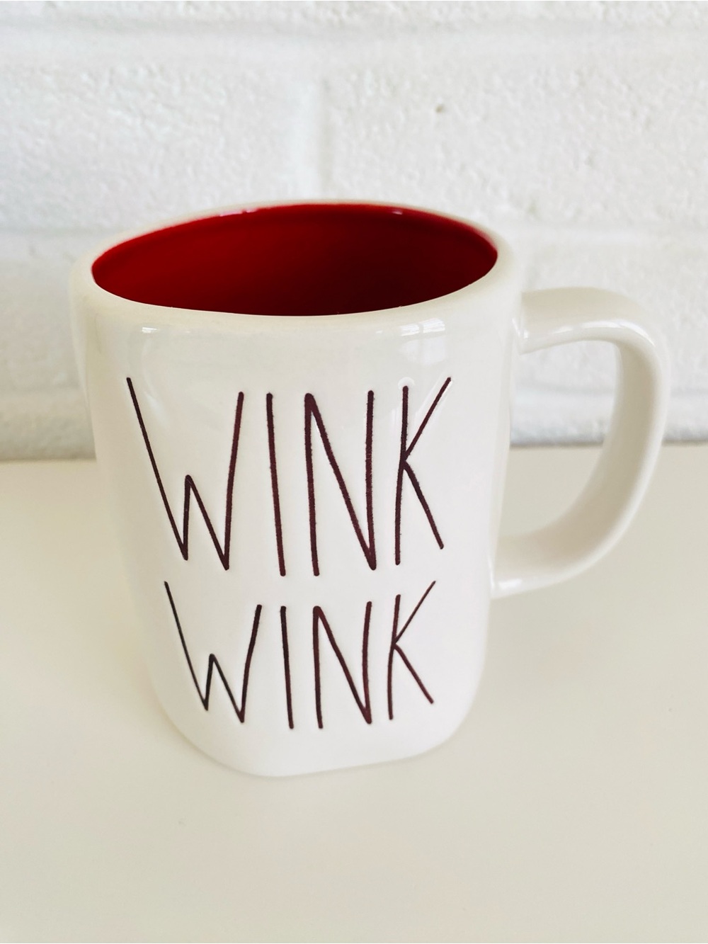 Rae Dunn WINK WINK White Ceramic Mug with Red Interior Farmhouse Cottagecore